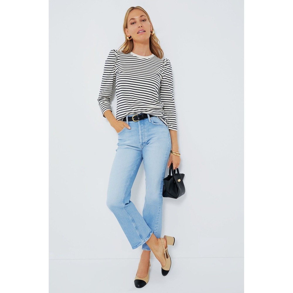 Pomander Place Top Vesty Navy Stripe Medium Puff Sleeve Crewneck Long Sleeve